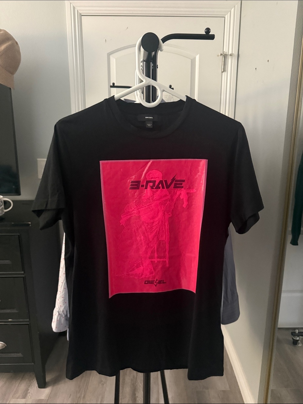Diesel Black Short-Sleeve Tee with Hot Pink Graphic Panel